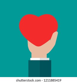 Hand holding red heart on blue background. charity, philanthropy, giving help, love concept. Flat vector illustration. 