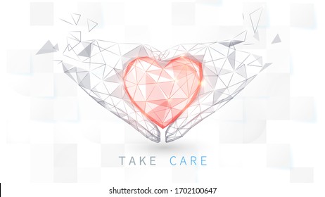 Hand holding red heart on white background. Take care symbol. Low poly vector