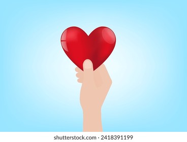 Hand Holding Red Heart on Blue Background. Concept of Valentine's Day and Mother's Day Concept. Vector Illustration. 