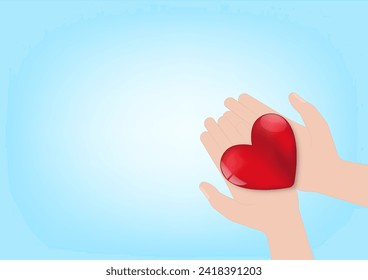 Hand Holding Red Heart on Blue Background. Concept of Valentine's Day and Mother's Day Concept. Vector Illustration. 