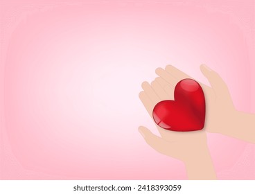 Hand Holding Red Heart on Pink Background. Concept of Valentine's Day and Mother's Day Concept. Vector Illustration. 
