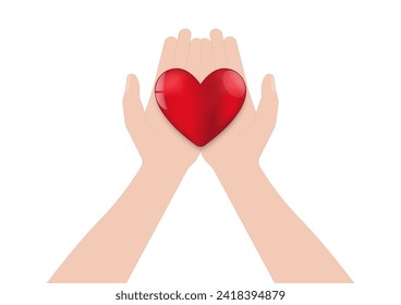 Hand Holding Red Heart on White Background. Concept of Valentine's Day and Mother's Day Concept. Vector Illustration. 