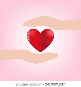 Hand Holding Red Heart on Pink Background. Concept of Valentine's Day or Wedding. Vector Illustration. 