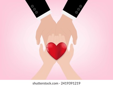 Hand Holding Red Heart on Pink Background. Concept of Valentine's Day or Wedding. Vector Illustration. 