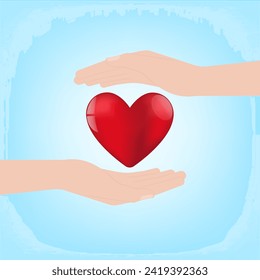 Hand Holding Red Heart on Blue Background. Concept of Valentine's Day and Mother's Day. Vector Illustration. 
