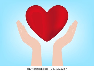 Hand Holding Red Heart on Blue Background. Concept of Valentine's Day and Mother's Day. Vector Illustration. 