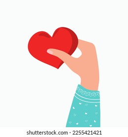 A hand holding a red heart. Romantic love Vector card for Valentine's Day . Designer card. Vector illustration. Isolated background.