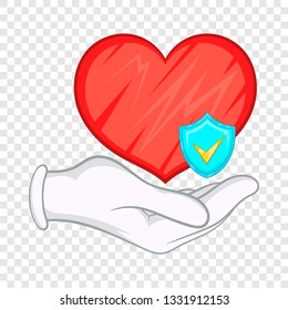 Hand holding red heart and sky blue shield with tick icon in cartoon style on a background for any web design 