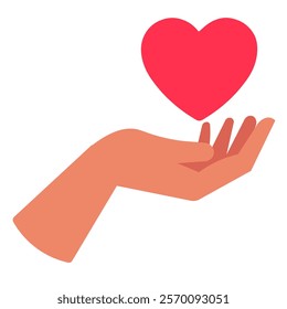 A hand holding red heart, symbolizing compassion, and care, minimal design in cute vector style for Valentine's Day, romance, affection and love concepts, isolated icon on white background