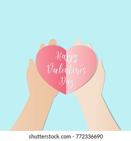 Hand holding Red hearts with Happy valentine's day text for giving to someone sweet. Love and romance concept, Paper cut style.