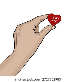 Una mano sostiene un objeto rojo en forma de corazón con las palabras "TE AMO" escritas en él.