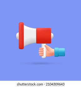 hand holding red megaphone in 3d vector, advertising, attention, speaker, loudspeaker, hiring illustration