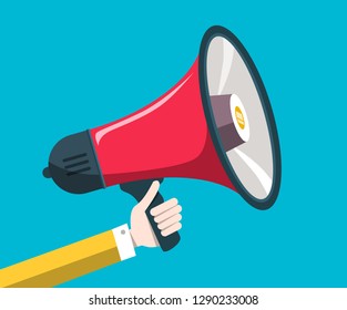Hand Holding Red Megaphone on Blue Background - Shutterstock ID 1290233008