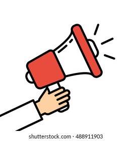 Hand holding red megaphone on white background. Concept of announcement, broadcasting or warning.