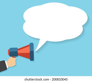 Hand holding a red megaphone with white bubble. Business concept of marketing in flat design. White bubble speech in social communication concept