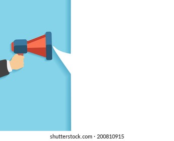 Hand holding a red megaphone with white bubble. Business concept of marketing in flat design. White bubble speech in social communication concept