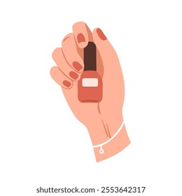 Hand holding red nail polish bottle. Fingers with elegant manicure. Female showing beauty product, decorative fingernail paint, varnish. Flat vector illustration isolated on white background