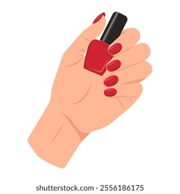 Hand holding red nail polish bottle. Beauty product, decorative fingernail paint, varnish.Elegant manicure with red nail polish on all fingers. Vector Illustration