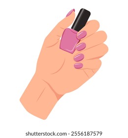 Hand holding red nail polish bottle. Beauty product, decorative fingernail paint, varnish.Elegant manicure with red nail polish on all fingers. Vector Illustration