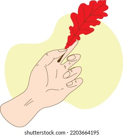 Hand, die rotes Eichenblatt für herbstliche Gestaltungselemente hält. Gefallen goldgelbes Blatt auf Weiß. Herbstsaison Symbol, einzelne Ikone, Natur botanisches Element Raster. Fell- und Blattgewölbe, trocken gefallene Leder