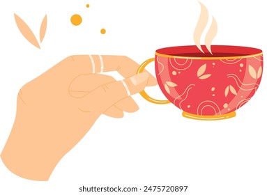 Hand holding red patterned tea cup steaming beverage. Warm served decorative mug, cozy relaxation concept. Flat design human hand, steaming cup, tea time