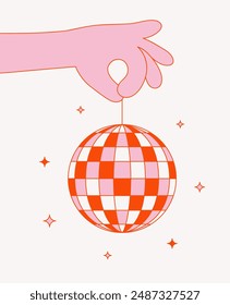 Hand holding a red and pink disco ball with stars on a light background, cartoon illustration, flat style