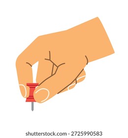 Mano que sostiene un alfiler rojo del empuje, perfecto para los recordatorios, las notas, la planificación, las tareas de la oficina, la organización, los calendarios, y los diseños del tablón de anuncios - Ilustración vectorial