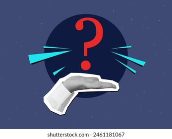 A hand holding a red question mark. Vector illustration in a modern collage style