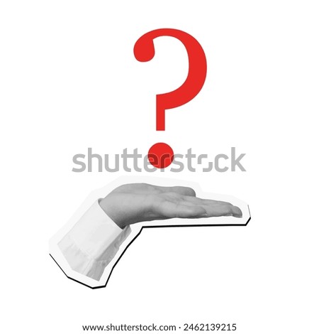 A hand holding a red question mark. Vector illustration in a modern collage style