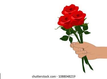 Hand holding red rose with leaves isolated on white illustration vector