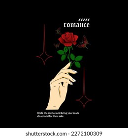 Hand holding a red rose that signifies a romance