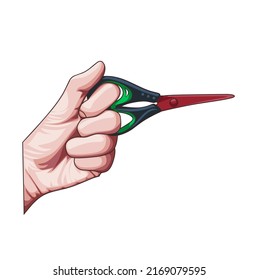 La mano sujetando las tijeras rojas contra el fondo blanco