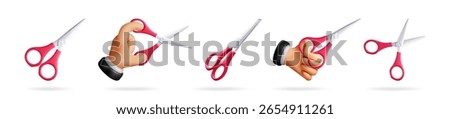 Hand holding red scissors and individual scissors icons. 3d cartoon vector illustration set for cutting work and craft projects.