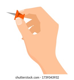 Hand holding a red sharp pin vector isolated. Office supplies and school equipment. Stationery tool.
