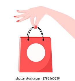 Hand holding the red shopping bags. Vector illustration. Sale banner. Black Friday.
Elegant woman hand holds shopping bag.
