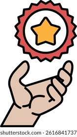A hand holding a red star. The hand is open and the star is in the middle of the hand
