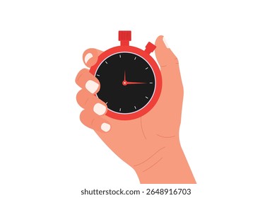 Mão segurando cronômetro vermelho, conceito de gestão de tempo ilustração de vetor.

