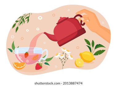 Hand Holding Red Teapot And Pouring Fresh Tea Into Cup. Concept Of Afternoon Tea Ceremony Elements Tea Bag, Pot, Cup And Variety Of Berry Branches. Chamomile Tea. Flat Cartoon Vector Illustration