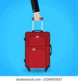 Mano que sostiene el bolso rojo del viaje. Ilustración vectorial en fondo azul en diseño plano