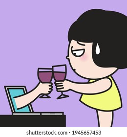 Hand Holding Red Wine Cup Coming Out From Laptop To Make A Toast With Tired Woman. Celebration For dedicated And Hardworking Employee Concept Card Character illustration