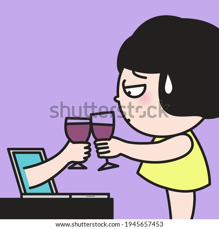 Hand Holding Red Wine Cup Coming Out From Laptop To Make A Toast With Tired Woman. Celebration For dedicated And Hardworking Employee Concept Card Character illustration