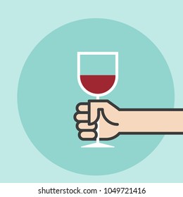 Hand holding red wine glass. Vector illustration, flat design