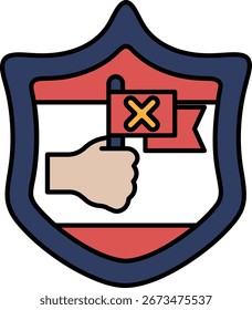 A hand holding a red X flag. The flag is on a blue shield. The shield is on a white background