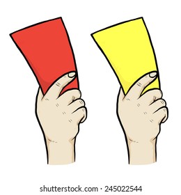 hand holding red and yellow card / cartoon vector and illustration, hand drawn style, isolated on white background.