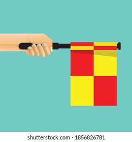 Hand, die eine Schiedsrichterflagge hält einzeln auf Hintergrund, Vektorgrafik.