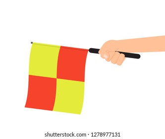 Hand holding referee flag or offside flag isolated on white background