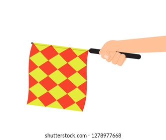 Hand holding referee flag or offside flag isolated on white background