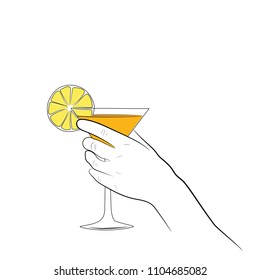 hand holding a refreshing cocktail. concept of relaxing at sea. vector illustration.