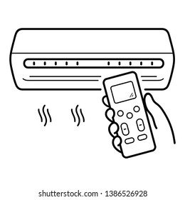 Hand holding remote control. Adjusting temperature of air conditioning. Vector outline icon isolated on white background.