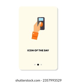 Hand holding remote control panel flat vector icon. Mobile device with button isolated vector illustration. Technology, navigation, network control concept for web design and apps